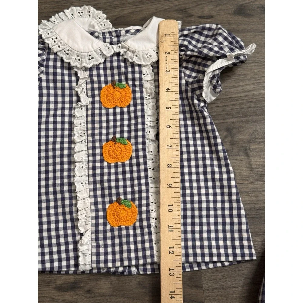 Baby Girl Pumpkin Bloomer Set 12M Navy Gingham Smocked Cottagecore Fall